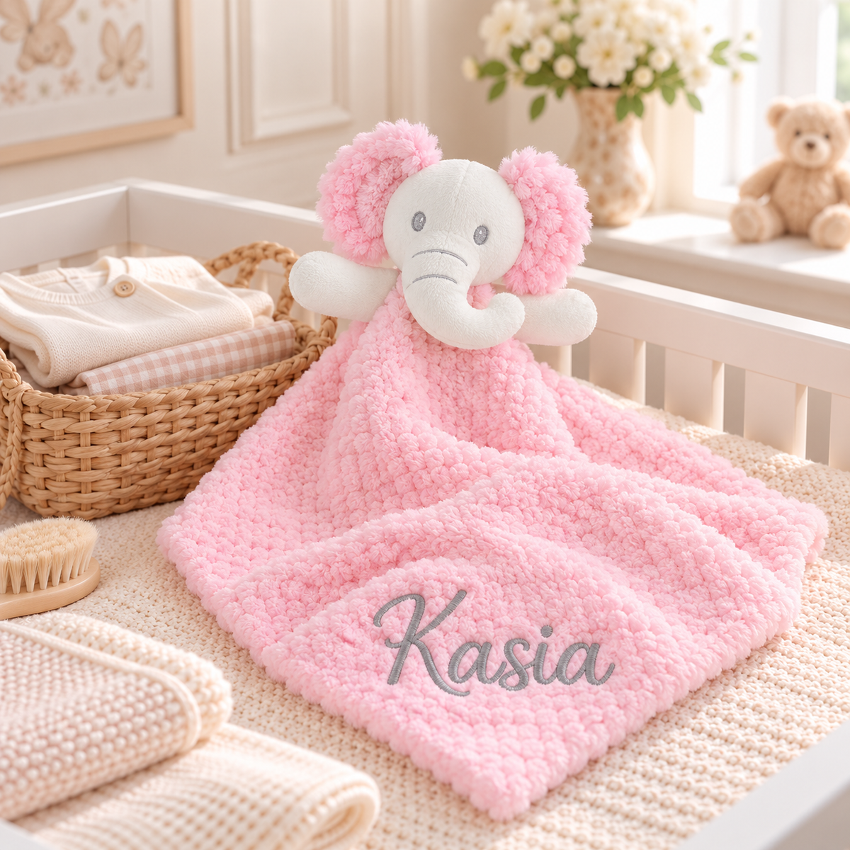 A pink textured security blanket with a white elephant head and pink ears, laid on a cream blanket in a nursery setting. The blanket is personalized with the name 'Kasia' in gray script.