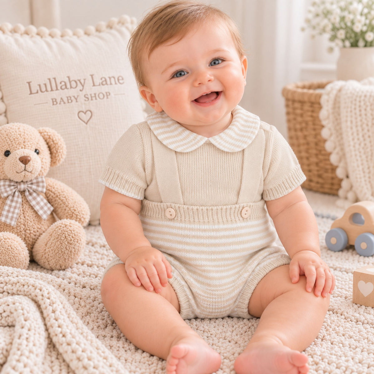 A smiling baby sitting on a cream knit blanket in a soft nursery setting, wearing a cream and beige striped short-sleeve romper with a Peter Pan collar. A teddy bear, a pillow reading 'Lullaby Lane BABY SHOP,' and small toys are visible around the baby.