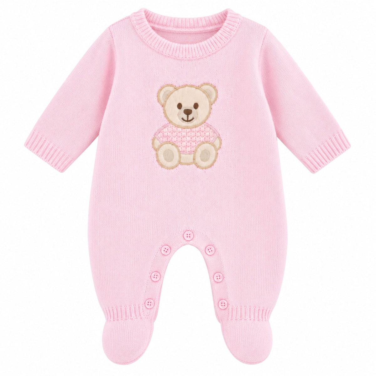 Kleo Kids baby girls pink knitted footed romper with teddy bear motif