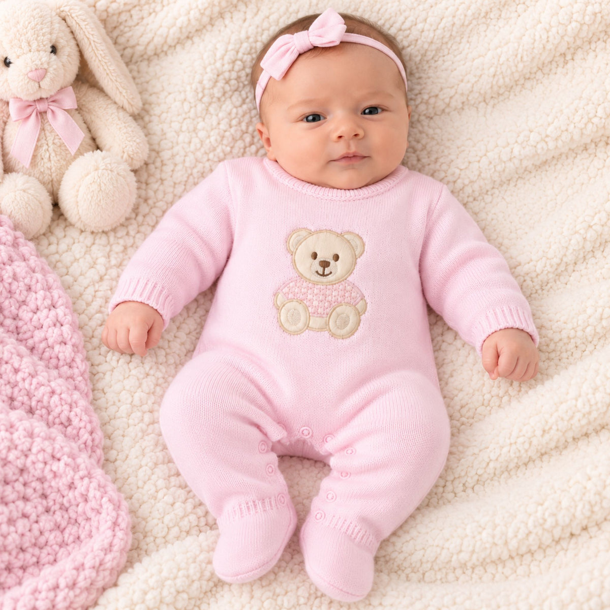 Kleo Kids baby girls pink knitted footed romper with teddy bear motif