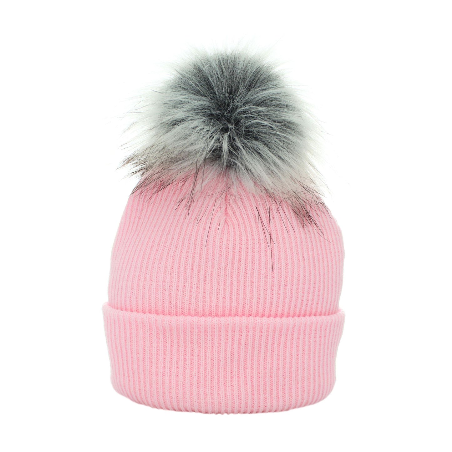 Pink beanie with a gray faux fur pom-pom on a white background