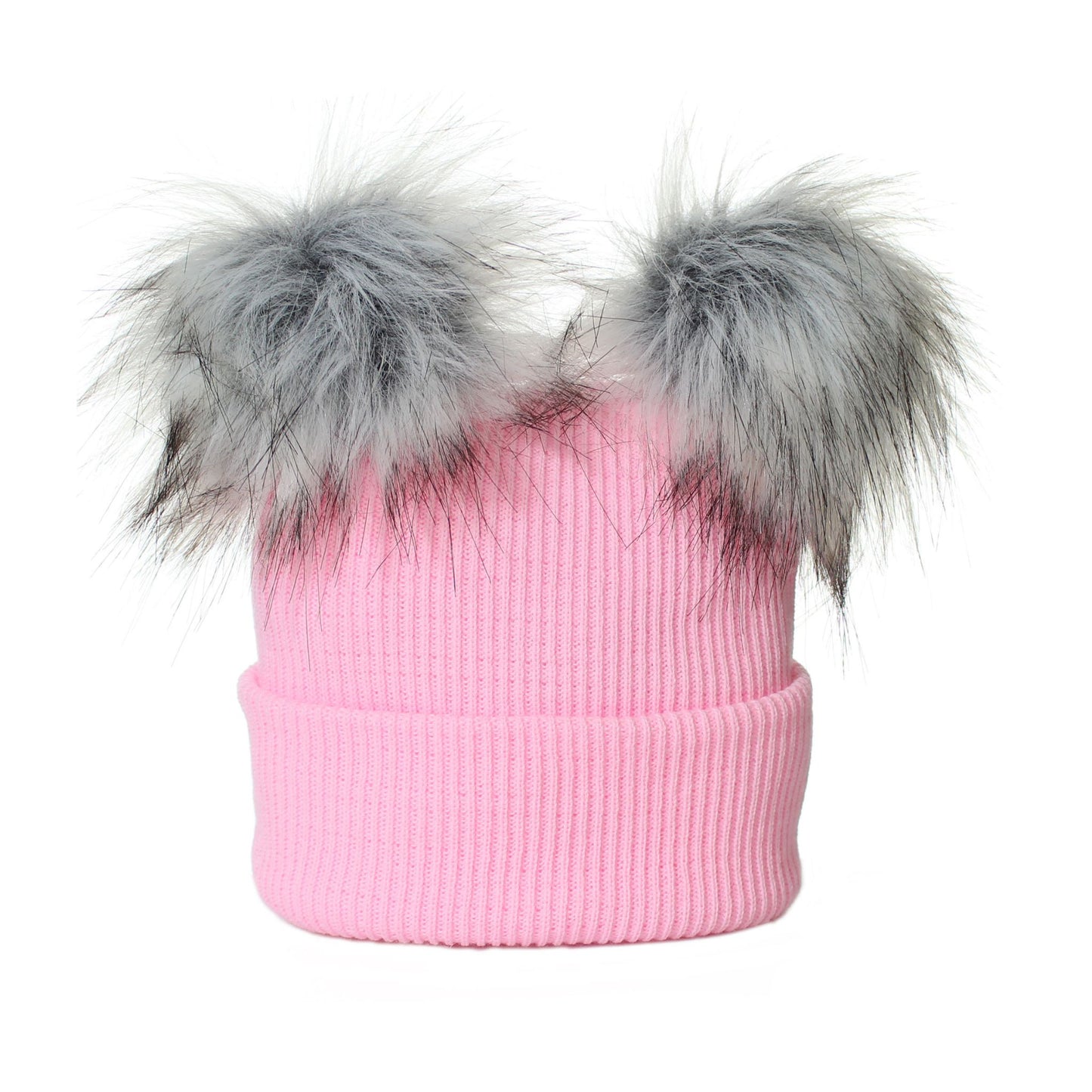 Pink beanie with gray fur pom-poms on a white background