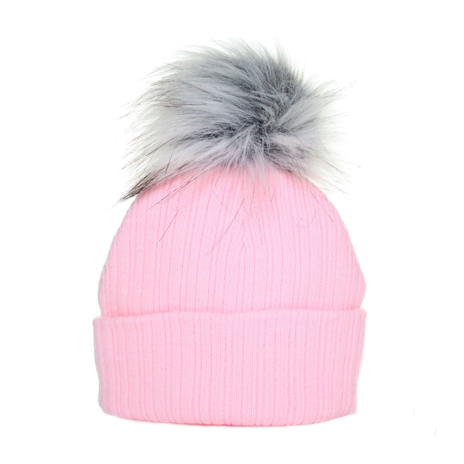 Pink beanie with a gray fur pom-pom on a white background