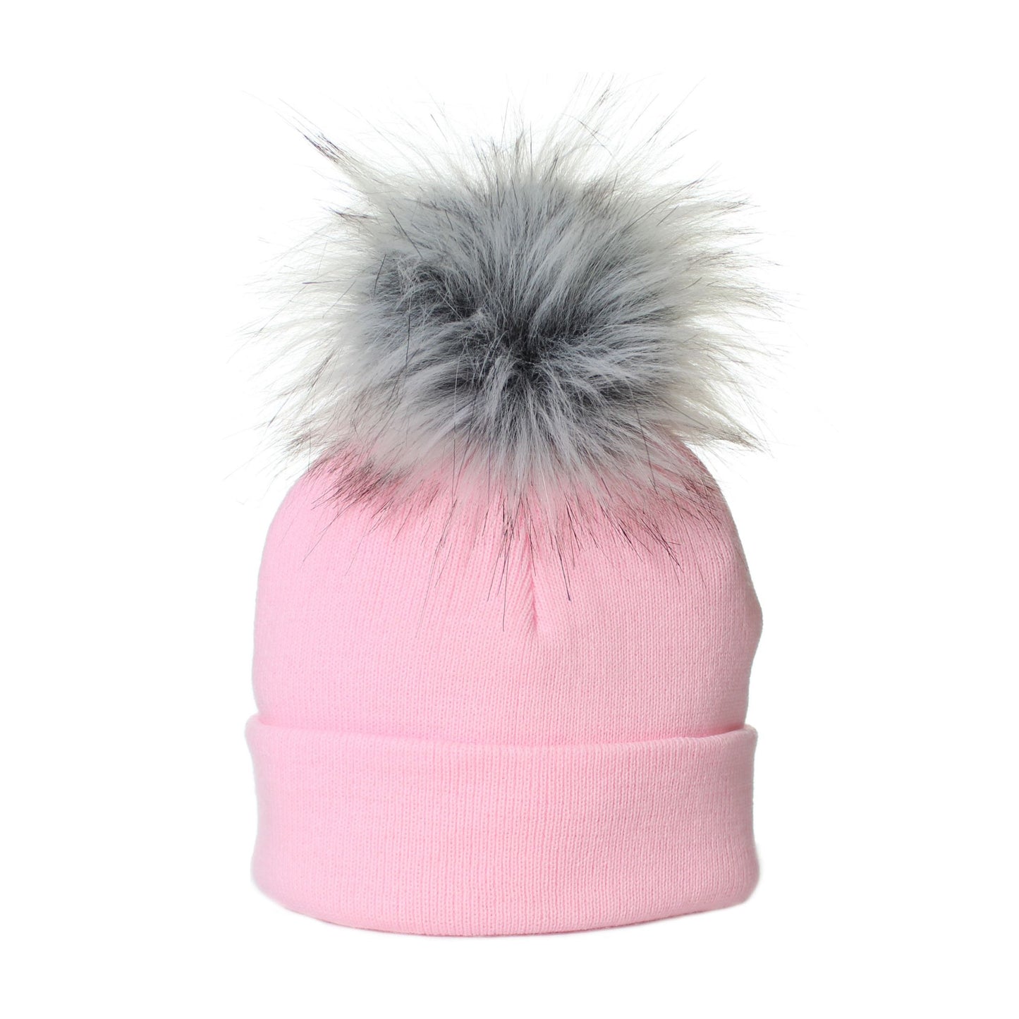 Pink beanie with a gray faux fur pom-pom on a white background