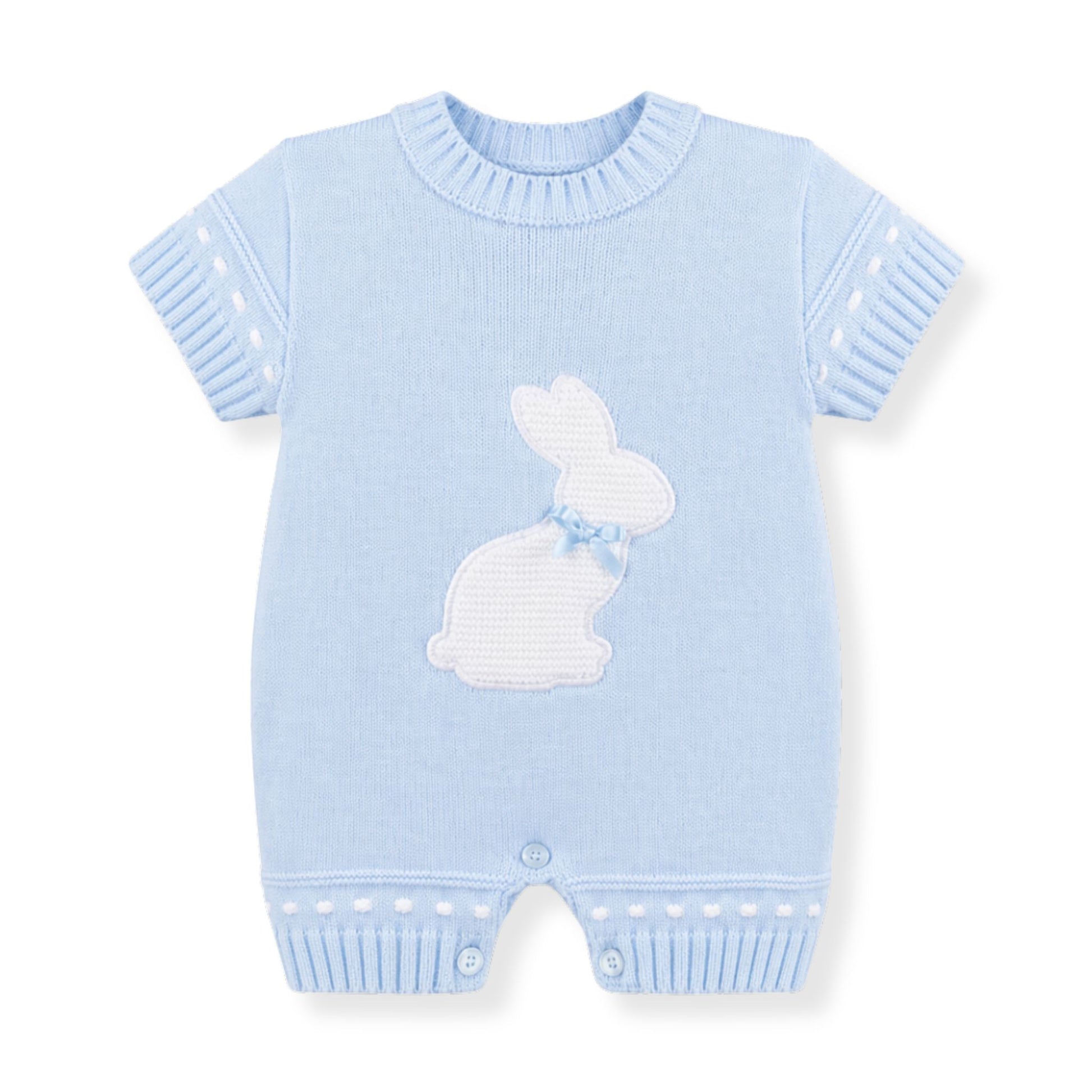 Light blue baby romper with bunny design on a white background