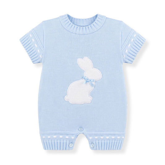 Light blue baby romper with bunny design on a white background