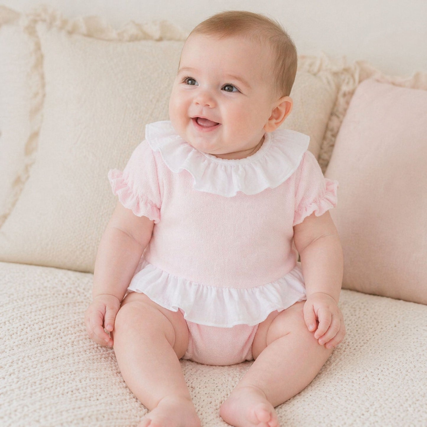 Baby Girls Pink Spanish Romper Dress with White Frill Collar – Calamaro