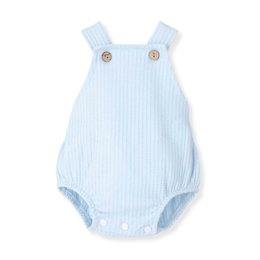 Light blue baby romper with button straps on a white background