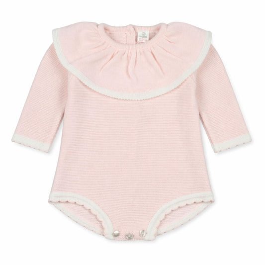 Pink baby bodysuit with long sleeves on a white background