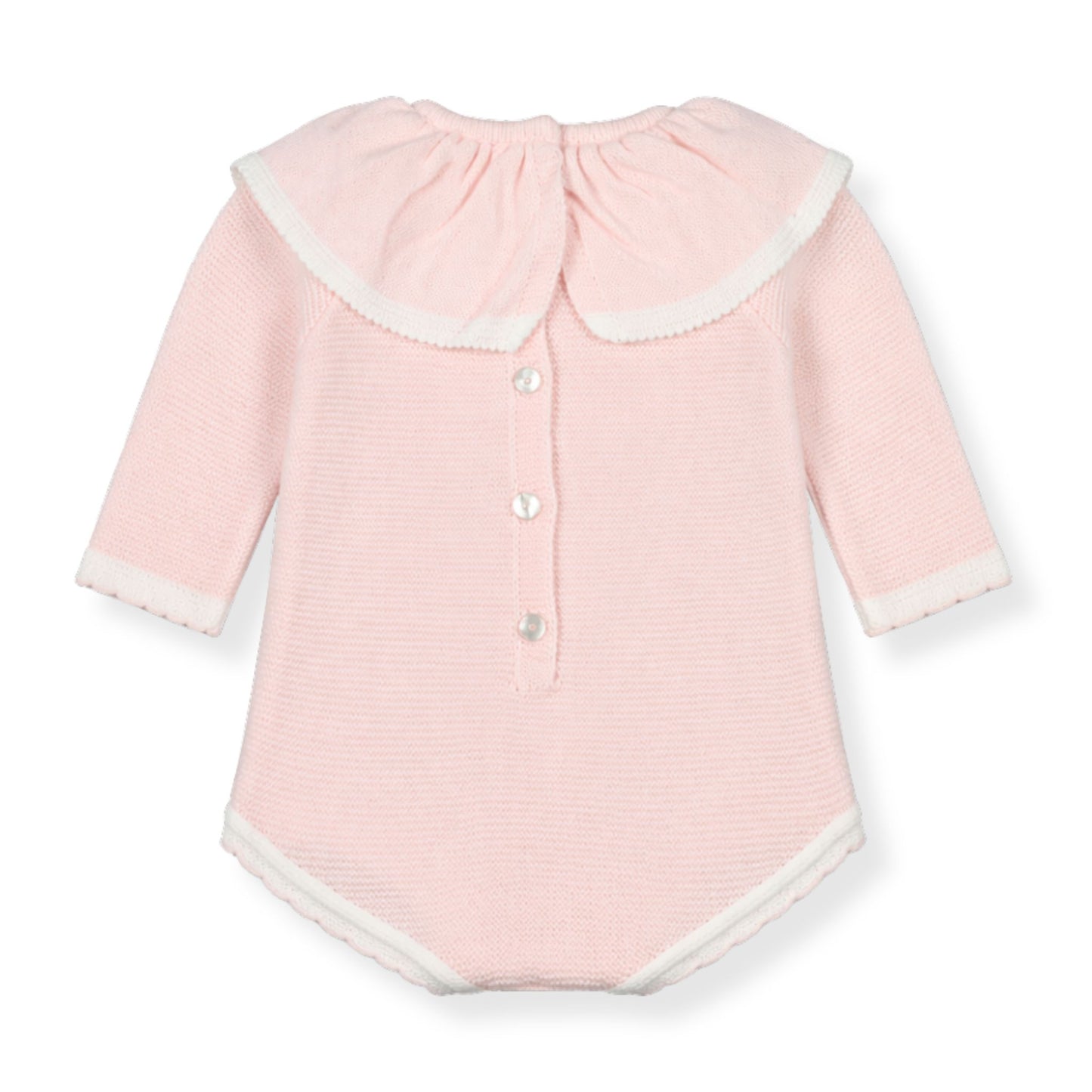 Pink baby romper with white buttons on a white background
