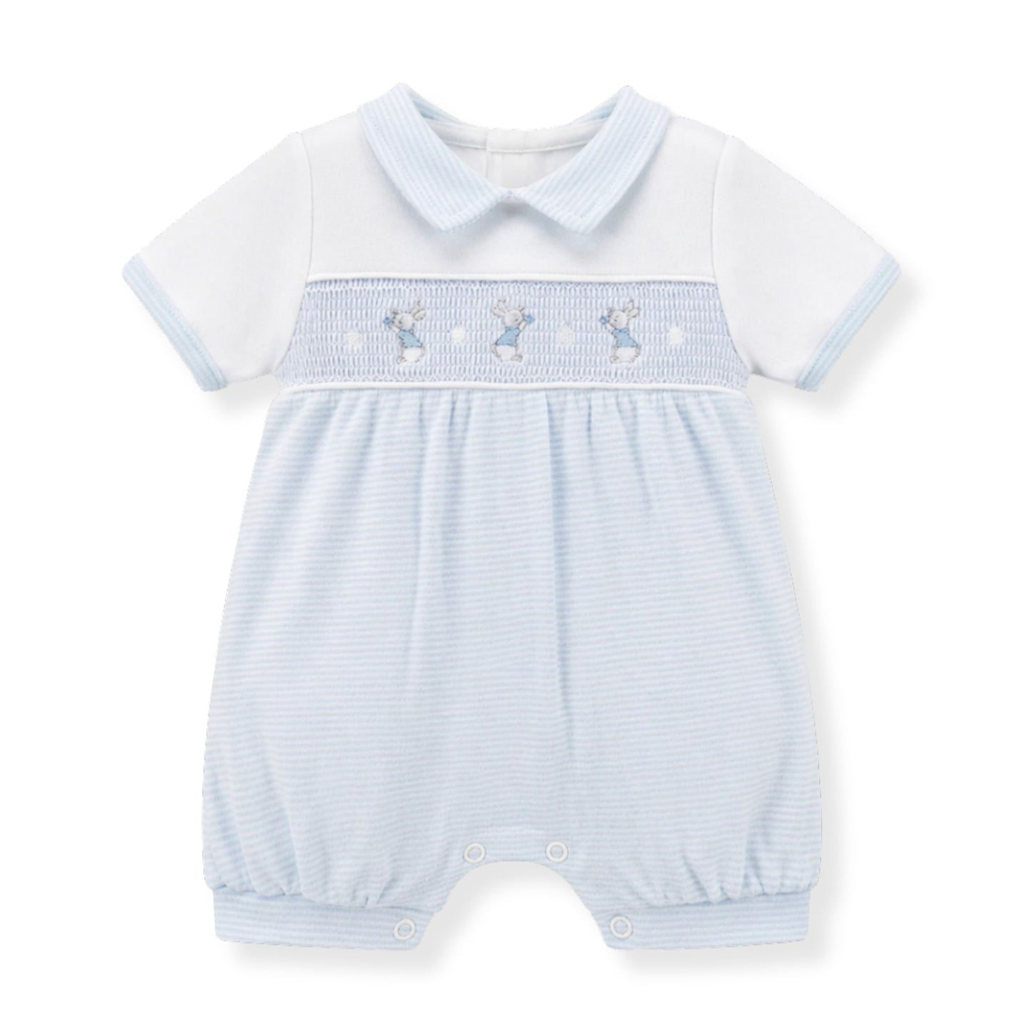 Baby romper with light blue and white checkered pattern on a white background