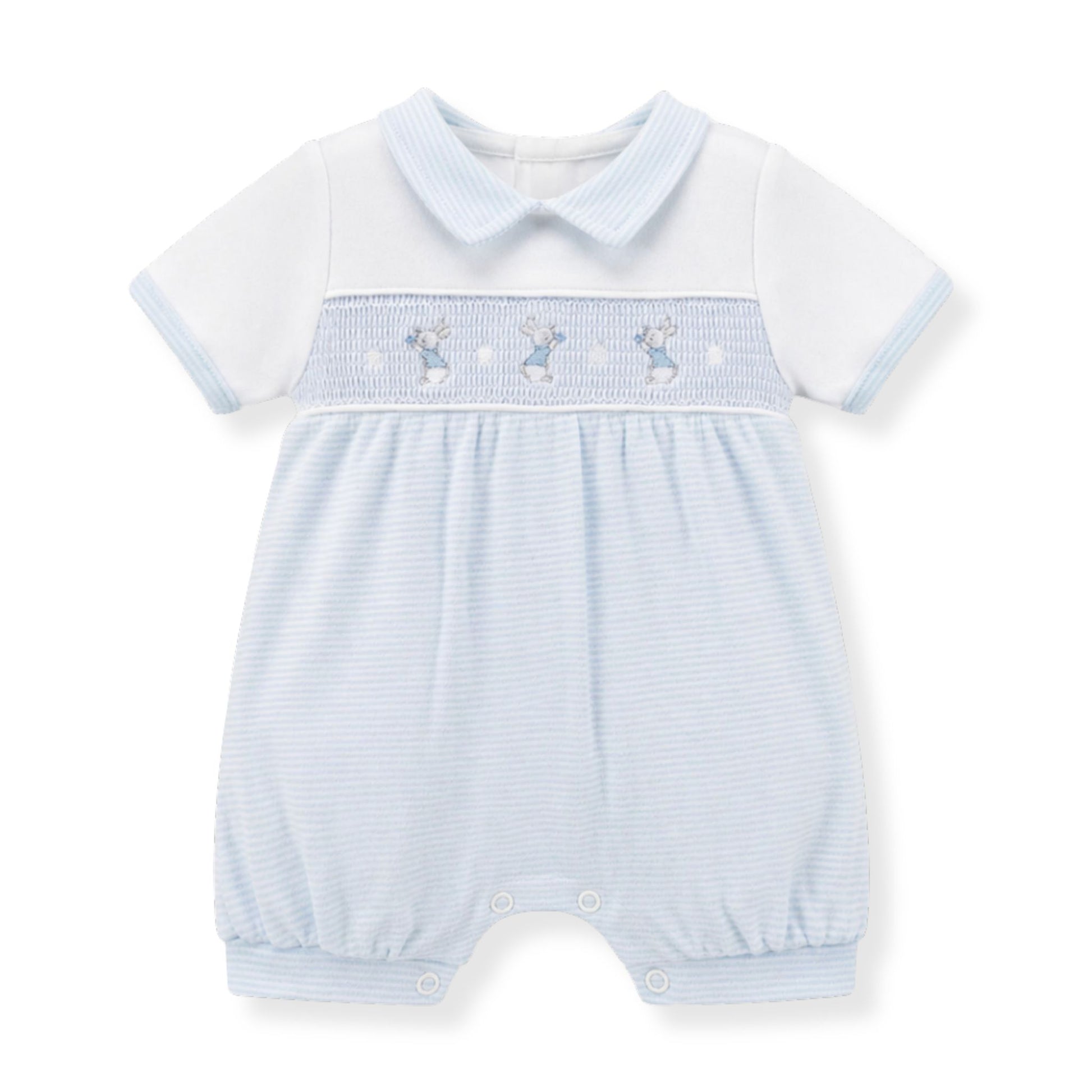 Baby romper with light blue and white checkered pattern on a white background