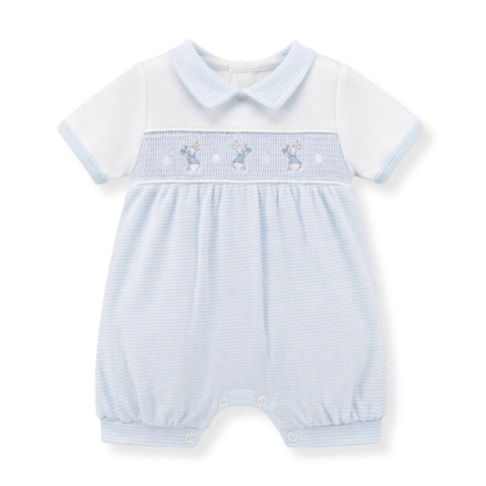 Baby romper with light blue and white checkered pattern on a white background