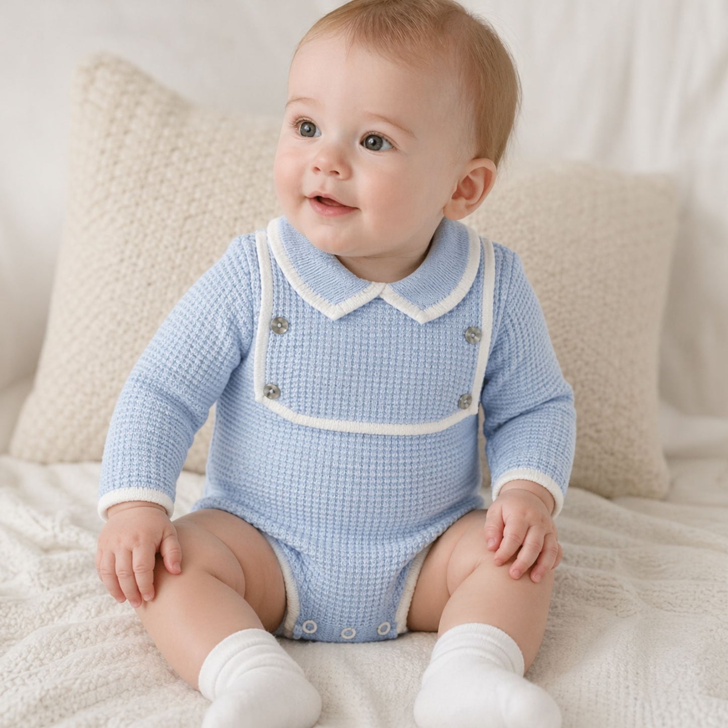 Baby Boys Blue Knitted Romper with Bib Detail