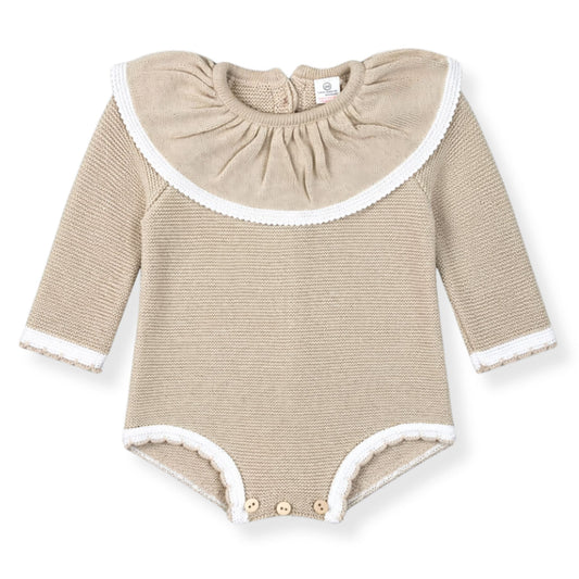 Beige baby bodysuit with ruffled collar on a white background