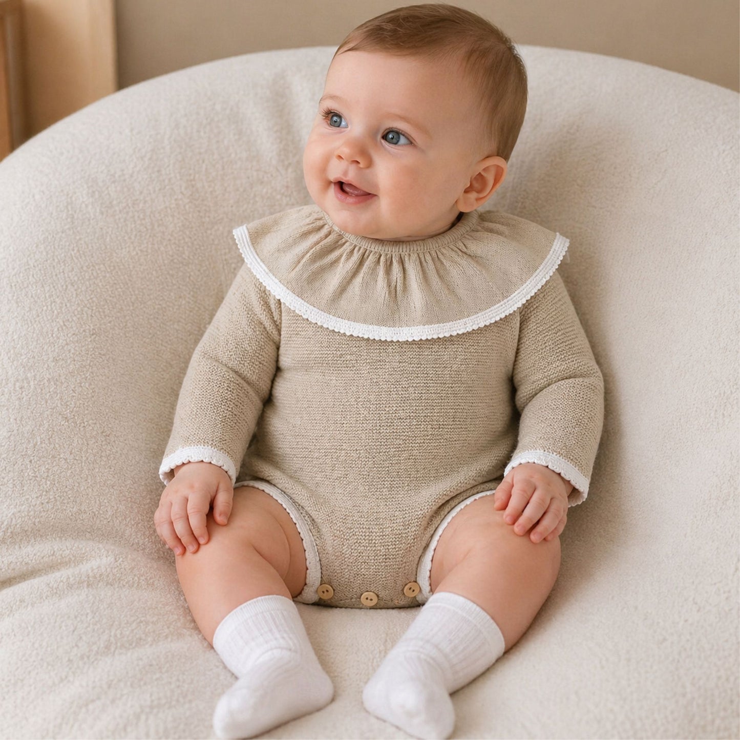 Baby Girls Beige Knitted Romper with Ruffle Collar