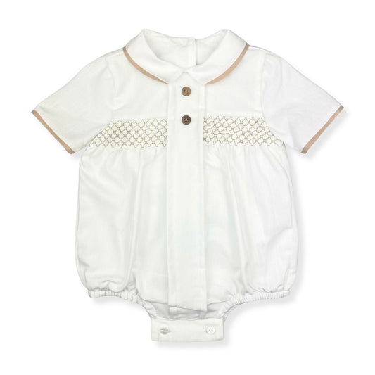 baby boys white and beige smocked romper