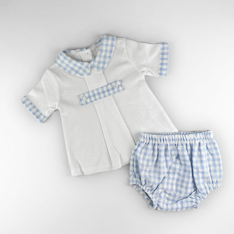 baby boys blue checkered two piece outfit