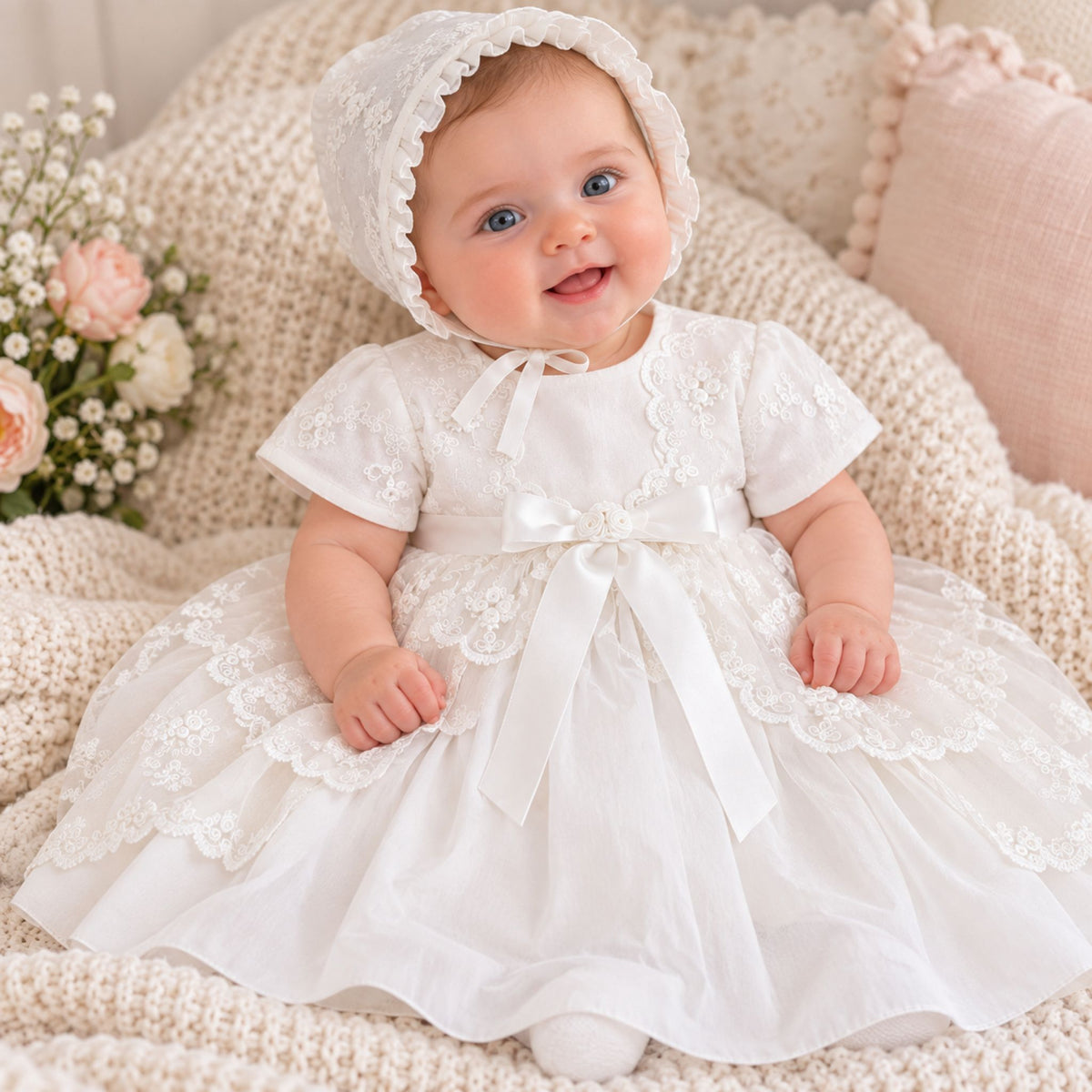 Silk Christening Dress & Bonnet - Ivory - Sarah Louise 001134