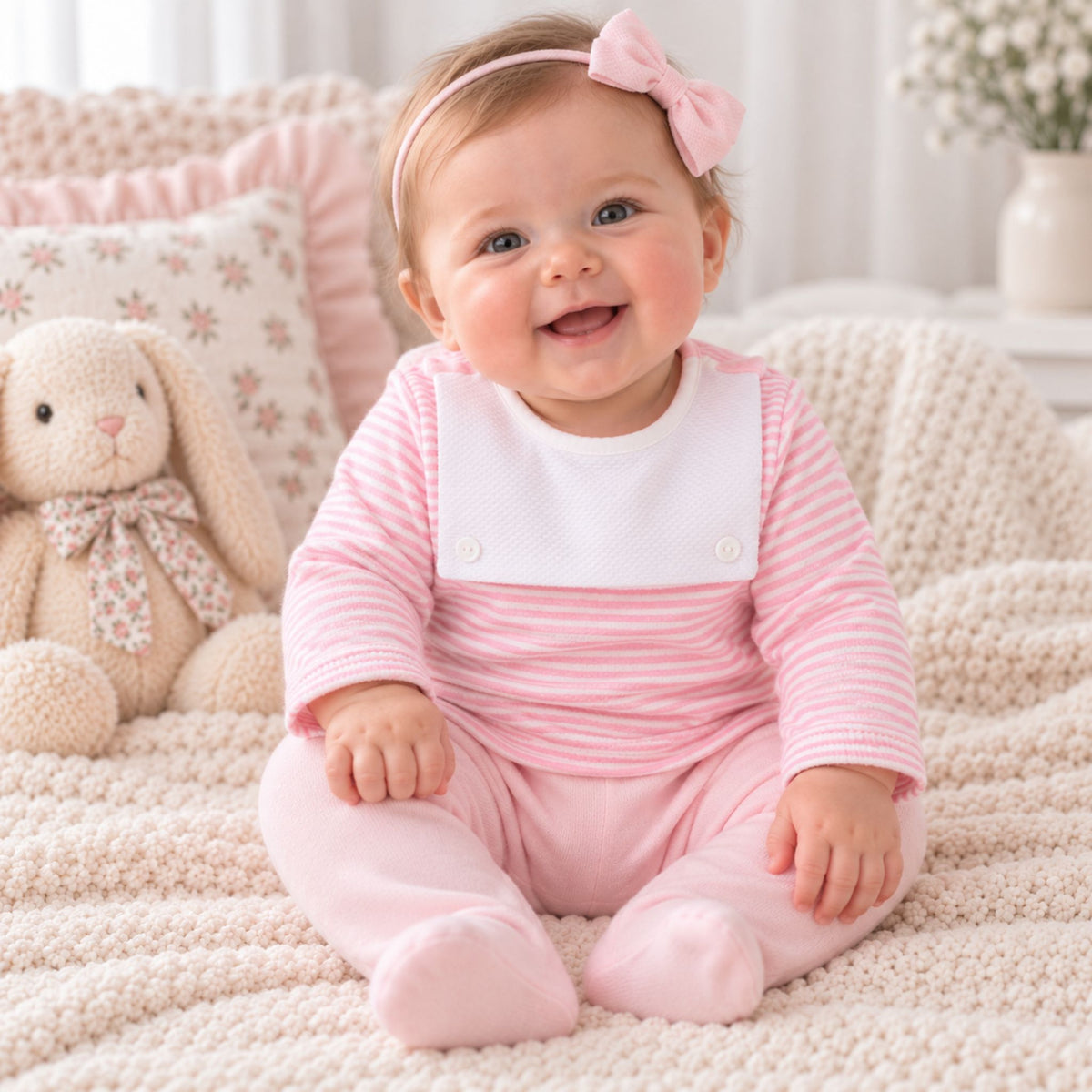 A smiling baby girl wearing a pink and white striped footed romper with a white bib and a pink bow headband, sitting on a cozy cream knit blanket next to a plush bunny toy.