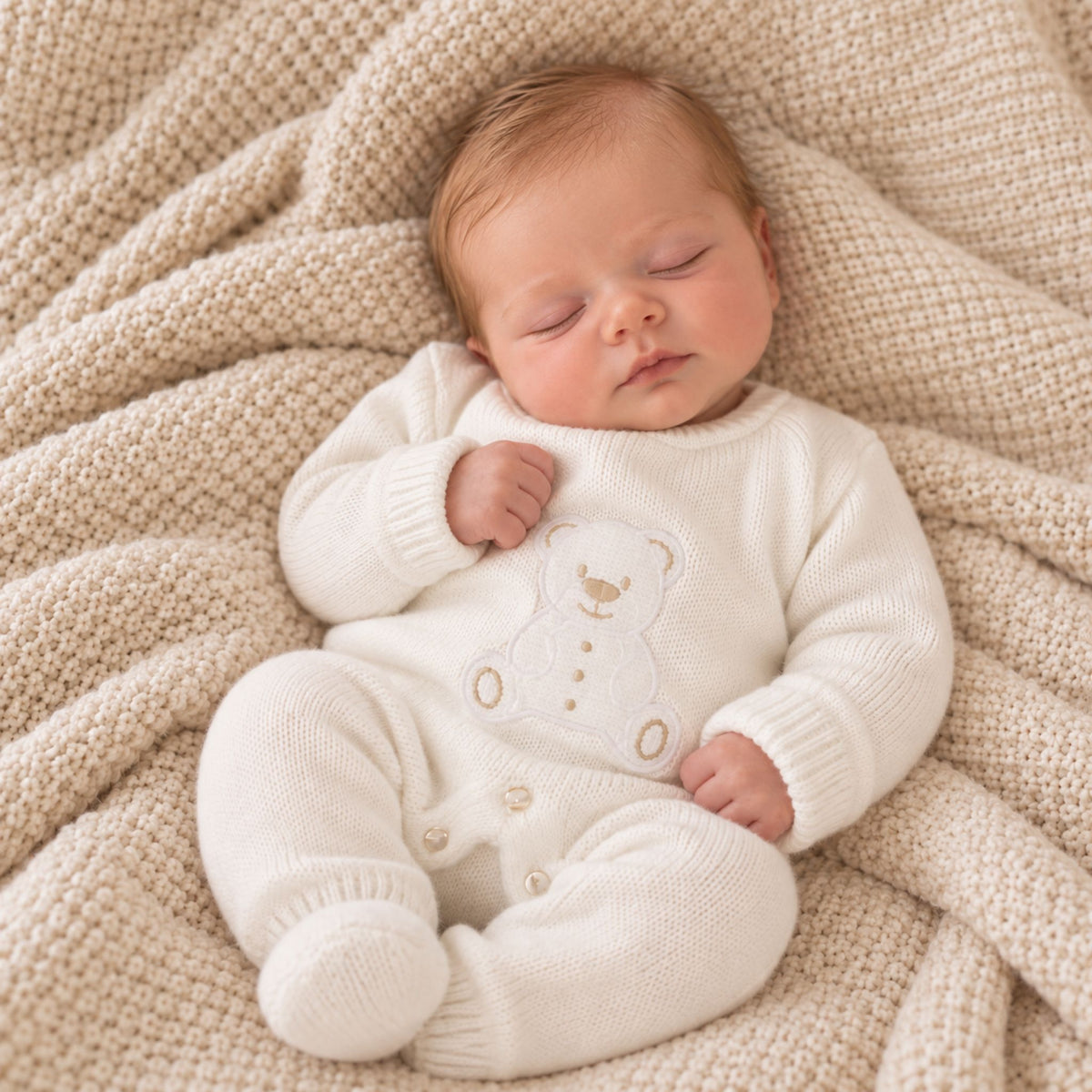 A sleeping newborn baby wearing a cream-colored knit footed onesie with a teddy bear applique, lying on a textured beige knit blanket.