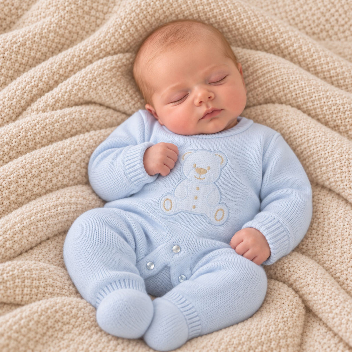 A sleeping newborn baby wearing a light blue knit footed romper with an embroidered teddy bear on the chest, lying on a beige textured blanket.