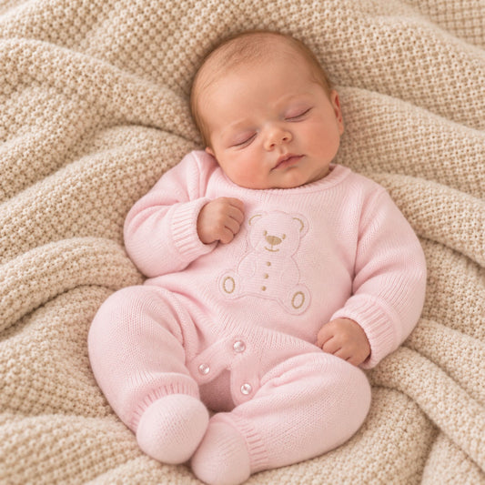Baby Girls Pink Knitted Baby All In One - Teddy Bear