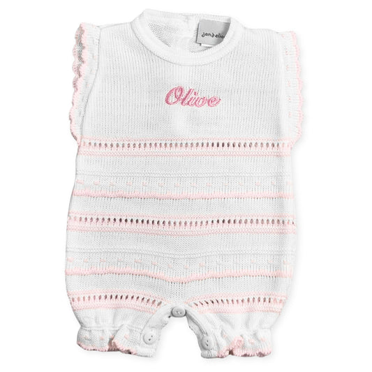 baby girls white pink knitted personalised romper