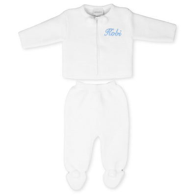 Personalised Dandelion Unisex White Knitted Two Piece Pram Suit