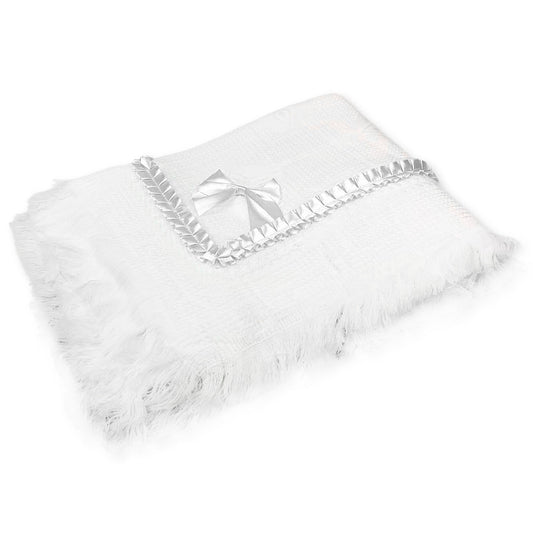 Baby Unisex Large White Shawl – 120cm x 120cm with White Satin Bow & Ruffle Ribbon Detail
