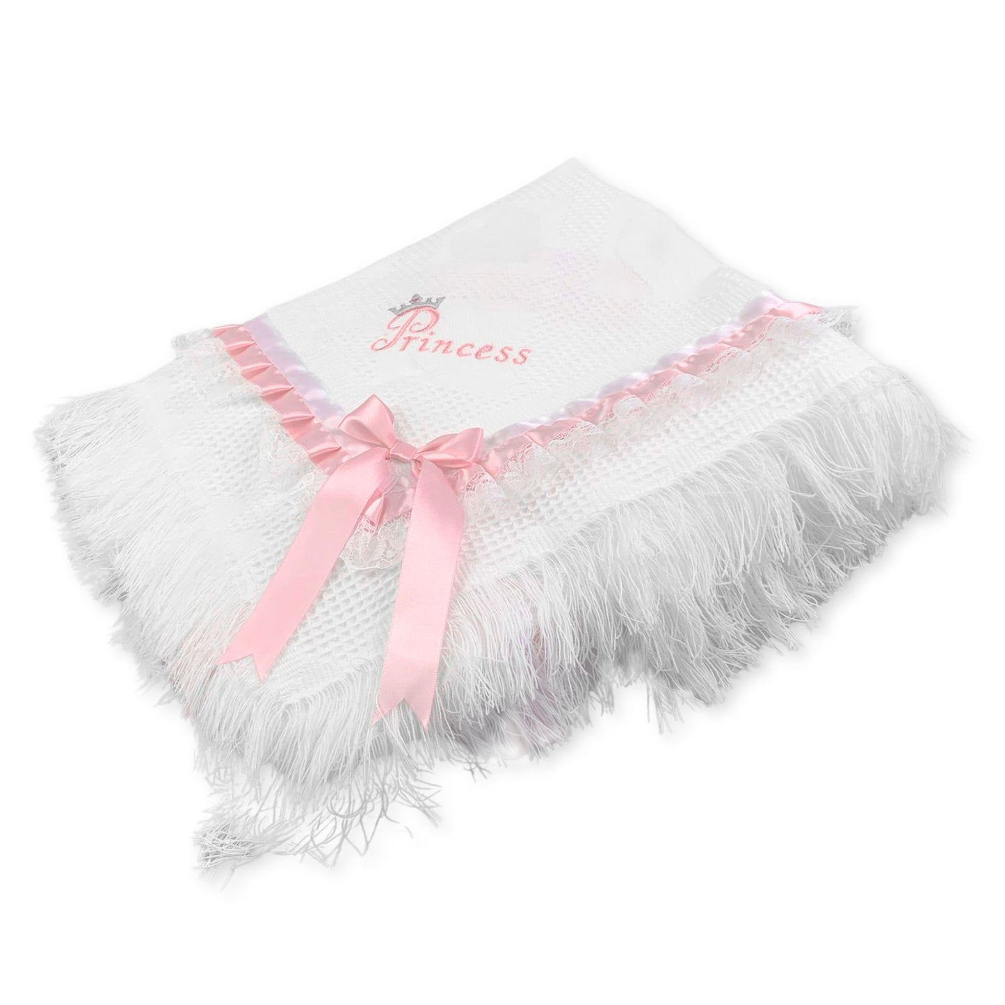 White Luxury Baby Girl Shawl – Princess Embroidery & Pink Satin Trim