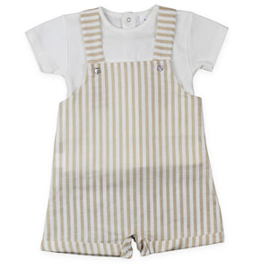 Baby Boys Beige & White Striped Dungaree Set – Summer Two Piece Outfit