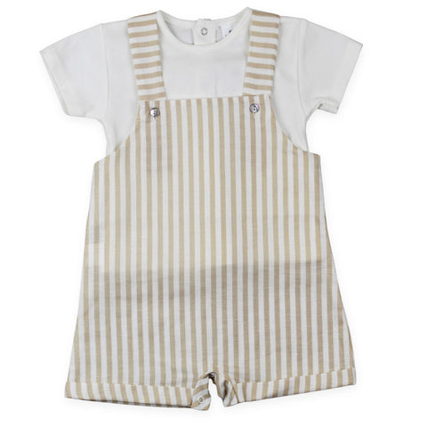 Baby Boys Beige & White Striped Dungaree Set – Summer Two Piece Outfit