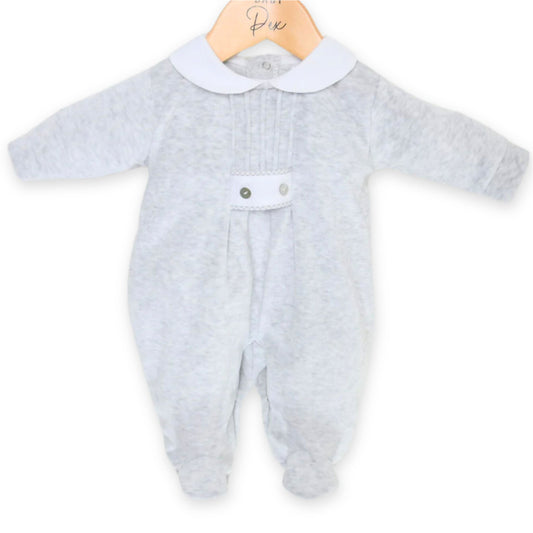 baby unisex grey velour sleepsuit