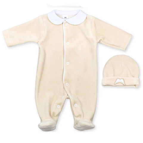 Baby Angel Wings Velour Sleepsuit with Hat - Beige