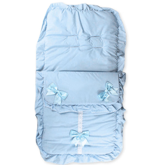 Luxury Baby Boys Blue Footmuff – Padded, Frilly Design with Blue Satin Bows