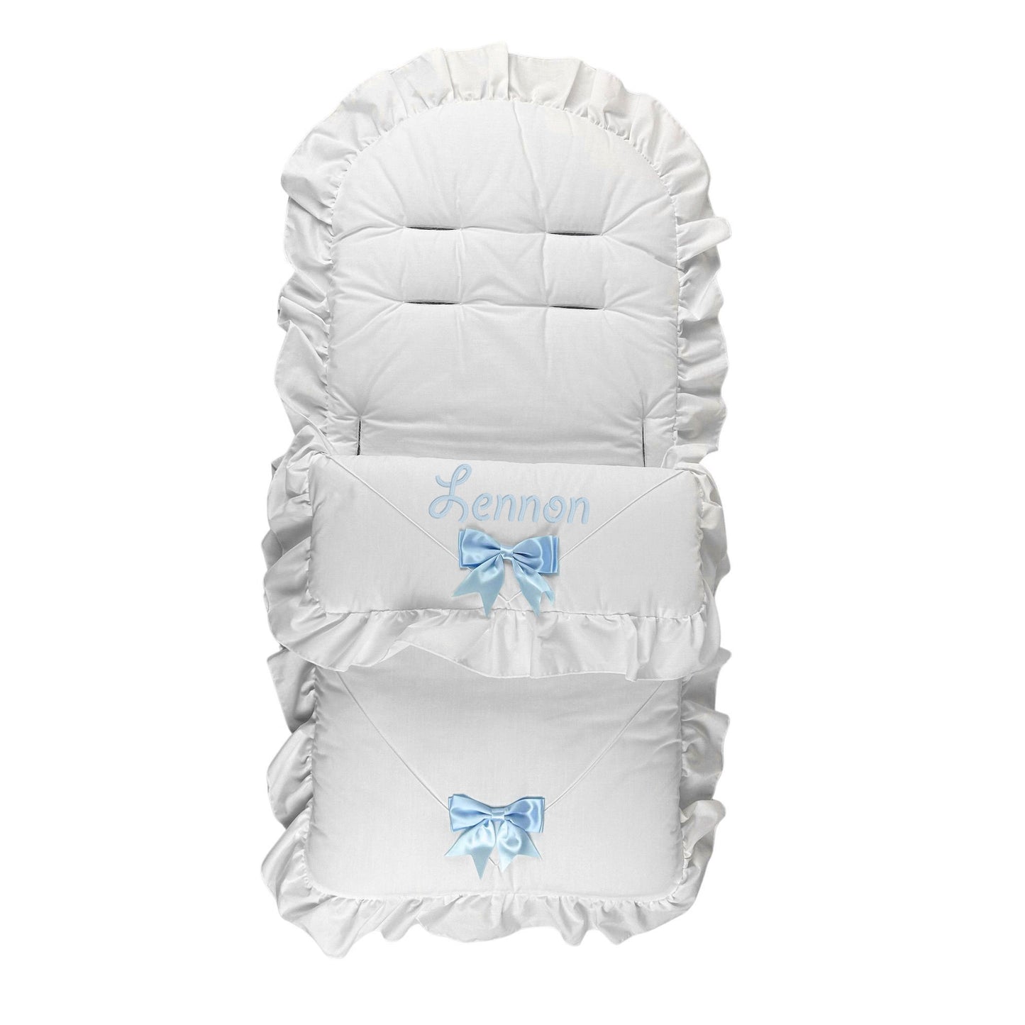 White baby seat cover with blue bow designs and 'Lennon' text on a white background
