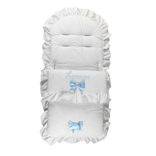 White baby seat cover with blue bow designs and 'Lennon' text on a white background