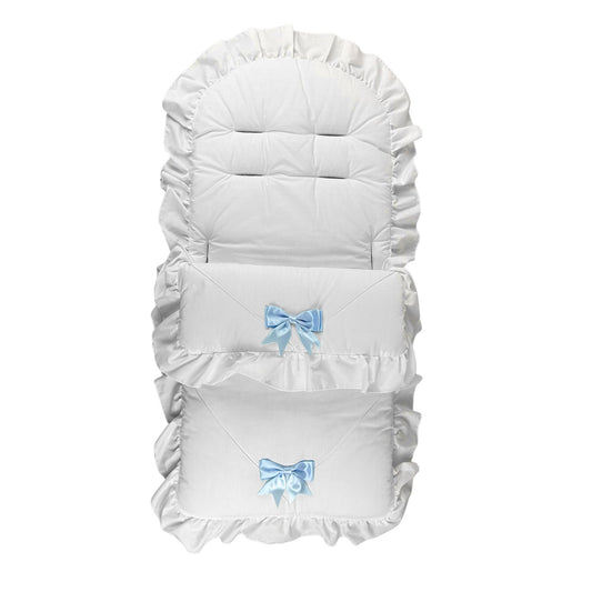 White baby seat cover with blue bow design on a white background