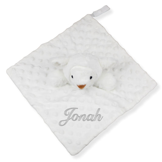 personalised baby lamb unisex teddy comforter on a white background