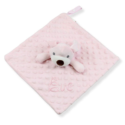 Personalised Soft Pink Bear Comforter Blanket – Baby Sensory Snuggle Toy