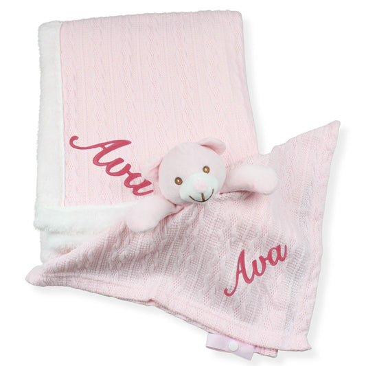 personalised blanket and teddy comforter bundle on a white background