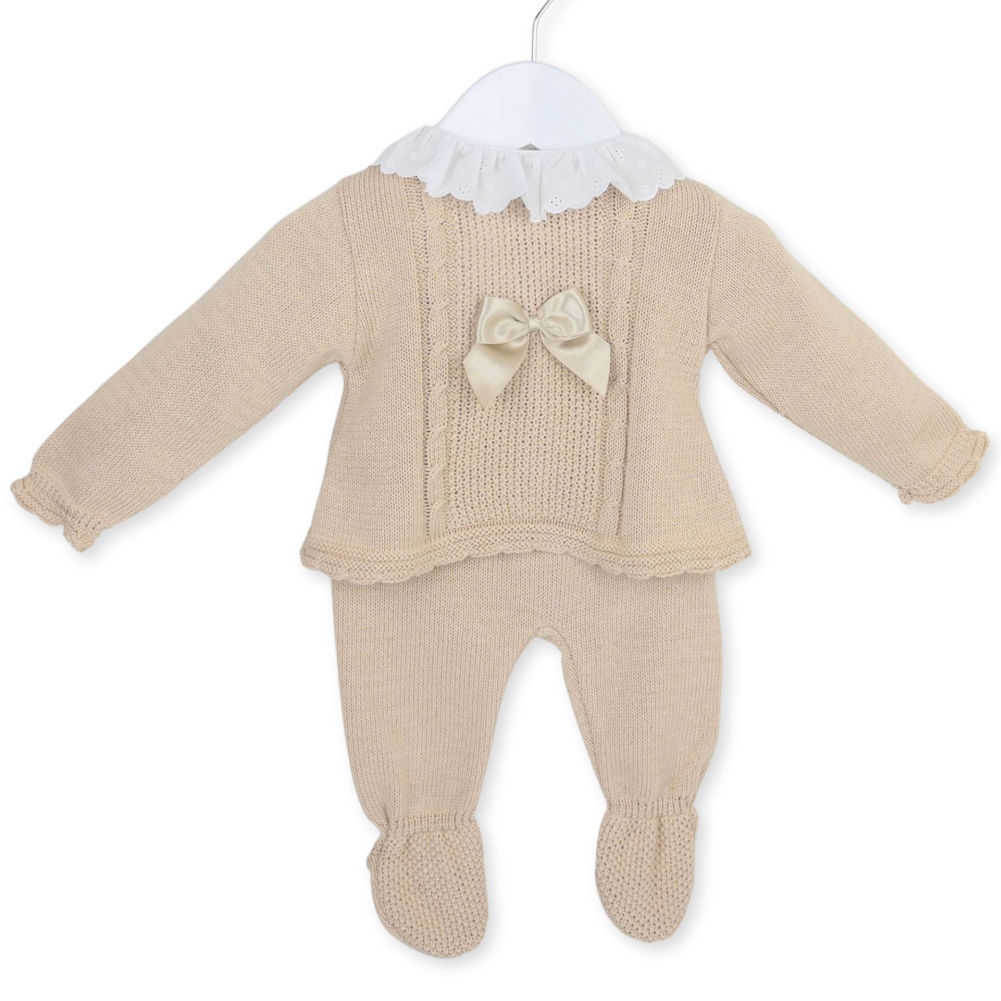 pex beige baby girl two piece knitted outft