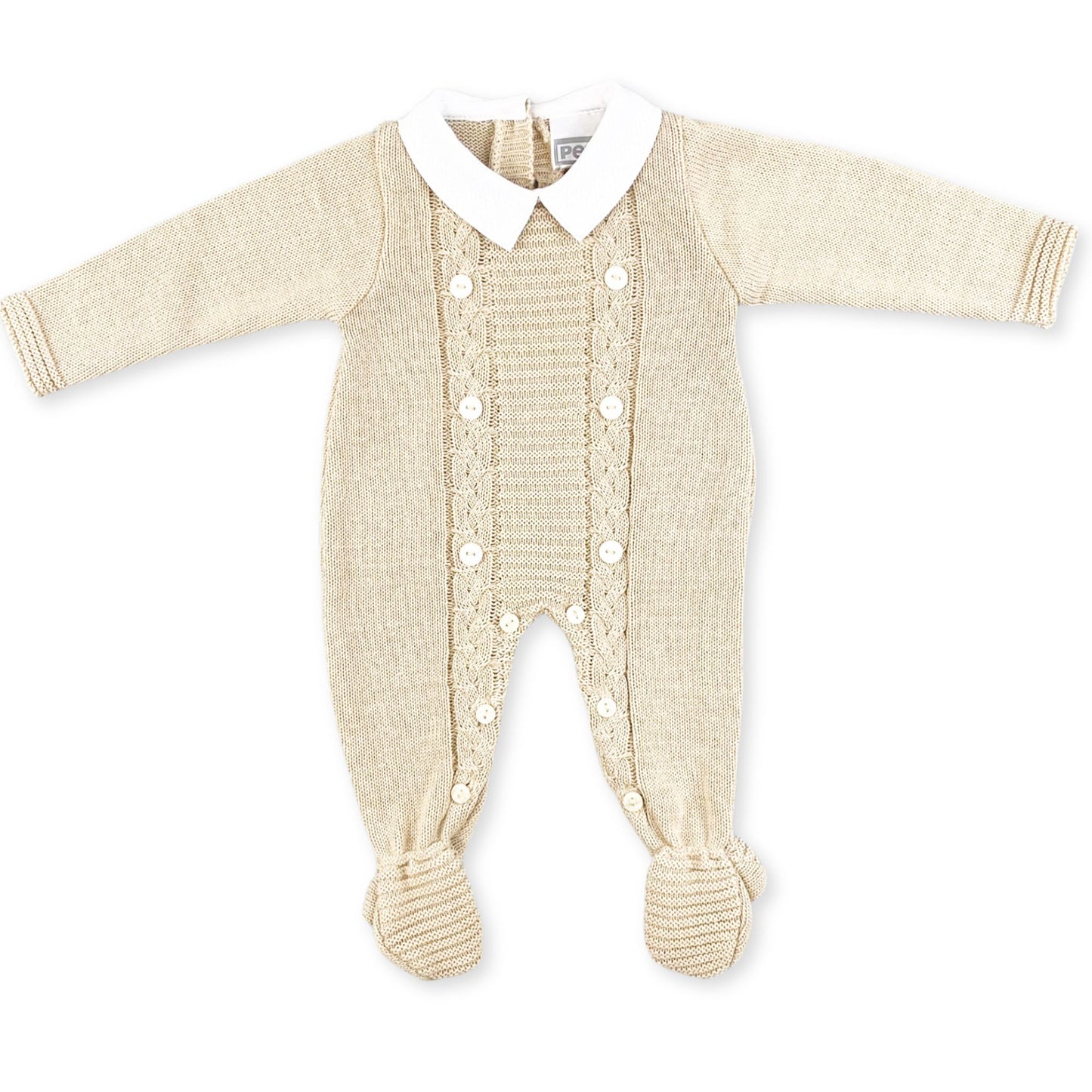 baby boys knitted all in one onesie by pex in colour beige