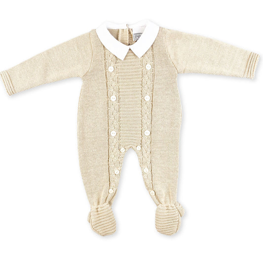 baby boys knitted all in one onesie by pex in colour beige