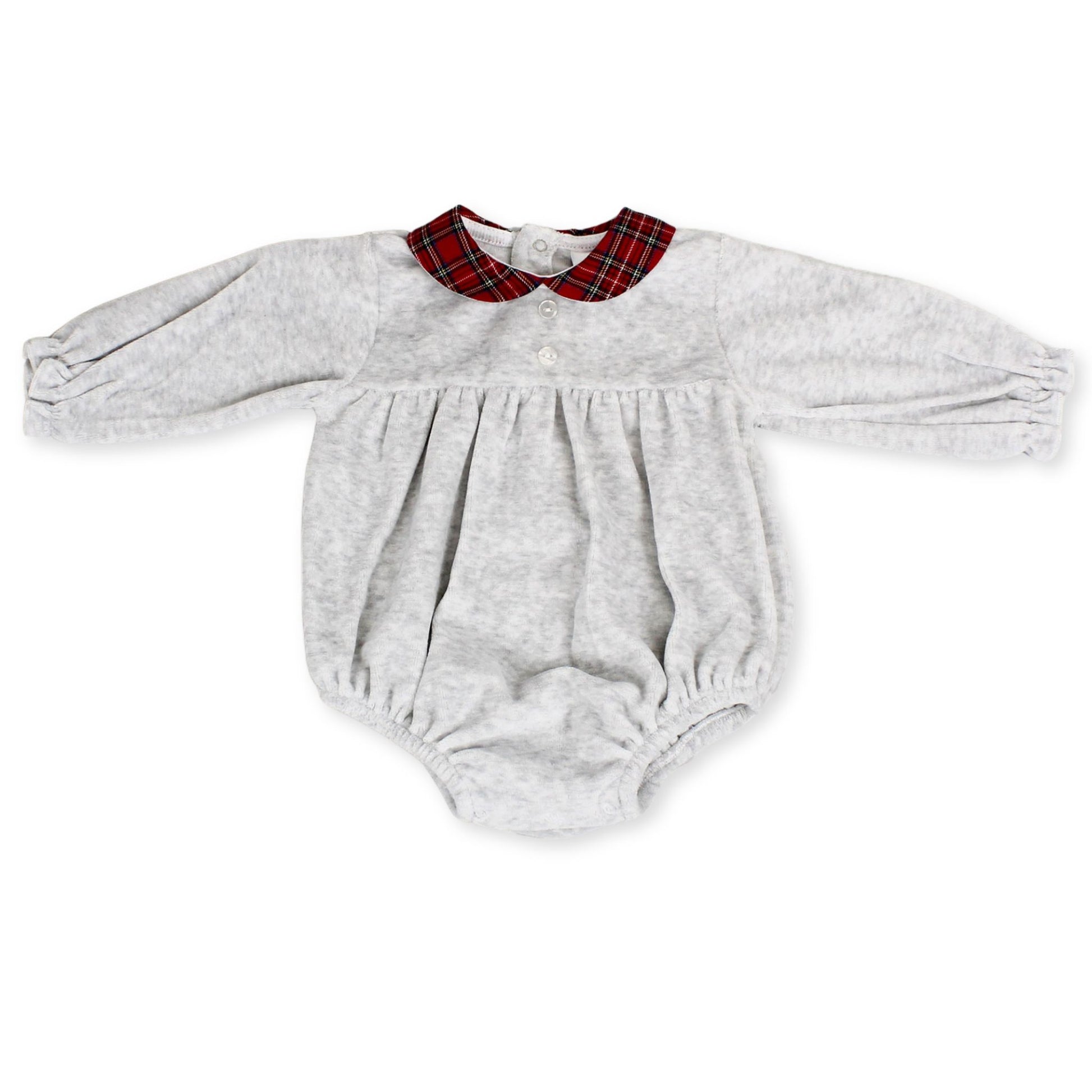 baby unisex velour romper grey and tartan