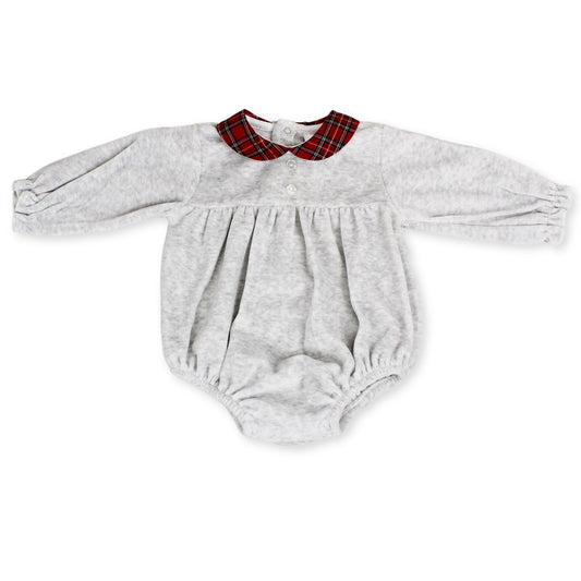 baby unisex velour romper grey and tartan
