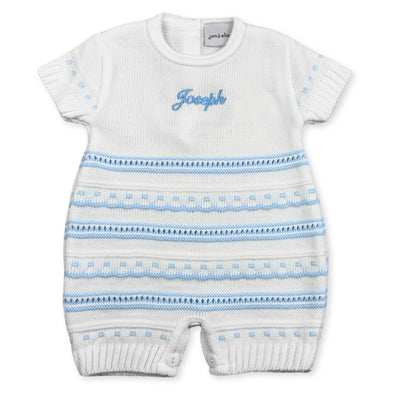 Personalised Dandelion Baby Boys White & Blue Knitted Romper