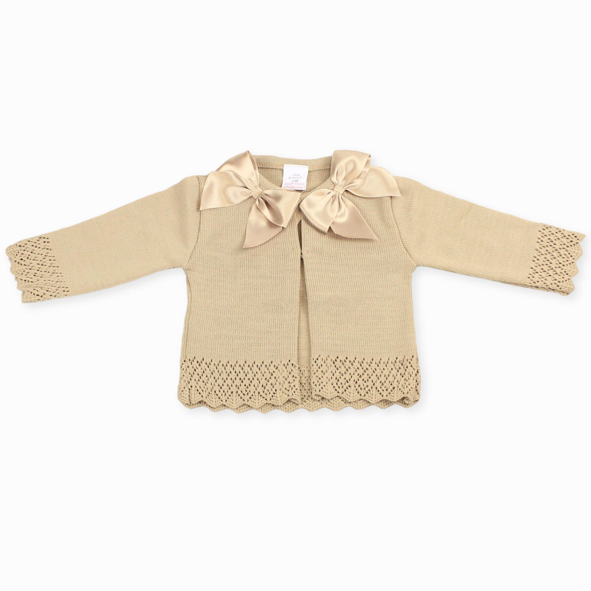 knitted baby girls beige cardigan with satin bows