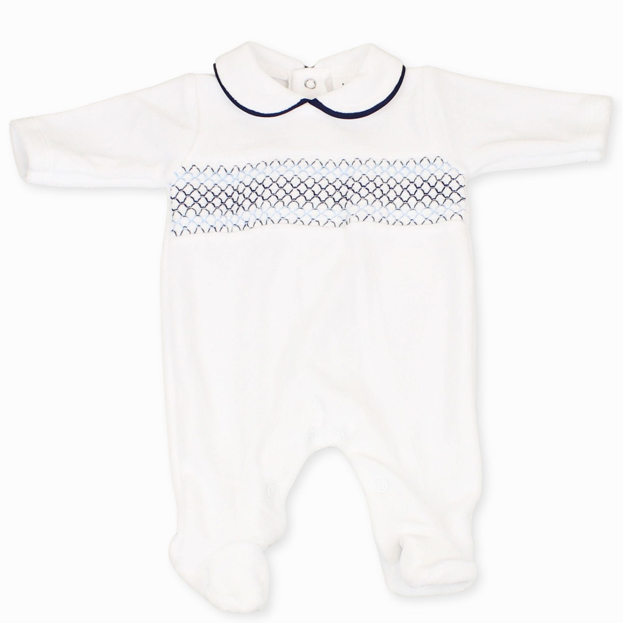 baby boys white and blue smocking velour outfit